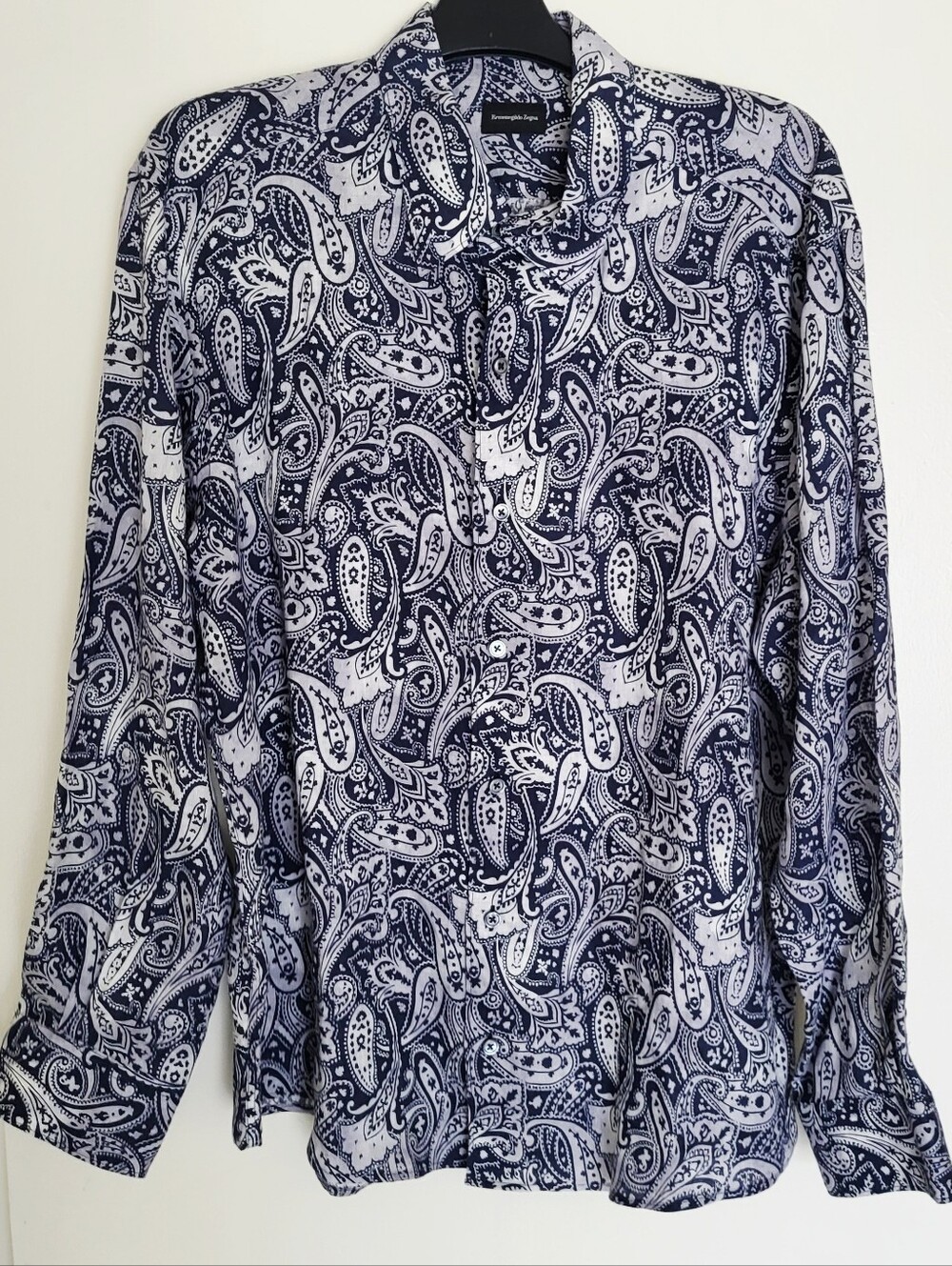 Ermenegildo Zegna Navy & White Paisley Button-Up Shirt XL Linen Luxury